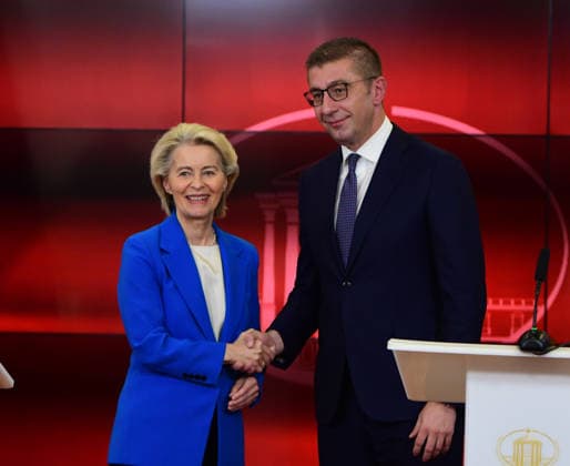 President of the European Commission Ursula von der Leyen during a joint press conference with the Prime Minister of North Macedonia Hristijan Mickoski in Skopje, North Macedonia, 2 October 2026. IMAGO PETR STOJANOVSKI