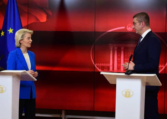 President of the European Commission Ursula von der Leyen during a joint press conference with the Prime Minister of North Macedonia Hristijan Mickoski in Skopje, North Macedonia, 2 October 2026. IMAGO PETR STOJANOVSKI