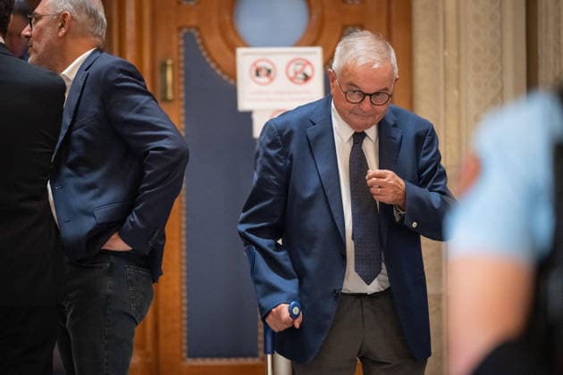 Francois Bayrou Trial Break - Paris AJ MoDem party member and former Justice minister Michel Mercier leaves the courtroom in a break during a hearing of the appeal trial over the alleged misuse of European Parliament funds to pay fictitious parliamentary assistants for the centrist party MoDem, at the Paris courthouse in Paris on October 2, 2026. Former Prime minister F. Bayrou and ten former MoDem executives must answer, starting September 9, 2026, before the Paris appeal court for misappropriation of funds in the case of the MEP assistants, a ten-year-old case in which the former Prime Minister had been acquitted at first instance. Photo by Alexis Jumeau ABACAPRESS.COM Paris France  Copyright: xJumeauxAlexis ABACAx