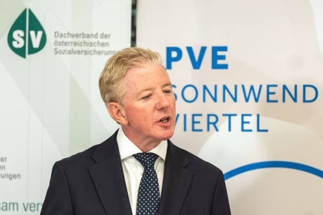 October 2, 2026 Press Conference: Health Austria; Peter McDonald, Chairman of the Board of Directors of the Austrian Health Insurance Fund, at the press conference on October 2, 2026, marking the 5-year anniversary of the PVE Sonnwendviertel—medical care and psychosocial support under one roof at the PVE Sonnwendviertel in Vienna, Vienna, Austria