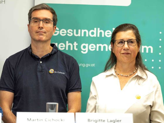 October 2, 2026: Press Conference—Health Austria: Martin Cichocki, Medical Director of PVE Sonnwendviertel, and Brigitte Lagler, Social Prescribing Coordinator at PVE Sonnwendviertel, on October 2, 2026, at the press conference marking the 5-year anniversary of PVE Sonnwendviertel: Medical Care and Psychosocial Support Under One Roof at PVE Sonnwe