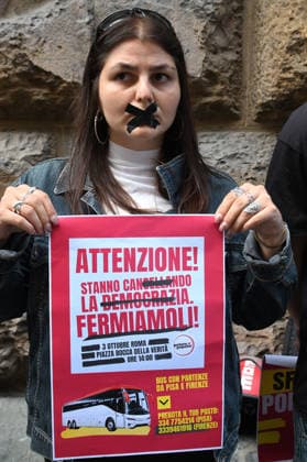 October 2, 2026, Florence, Italia, Italy: A representative of Potere al Popolo protested the electoral law reform, which requires 450,000 signatures to run in the general election. Florence, October 2, 2026 Florence Italy  - ZUMAa289 20261002_zia_a289_095 Copyright: xAleandroxBiagiantix xAgfx