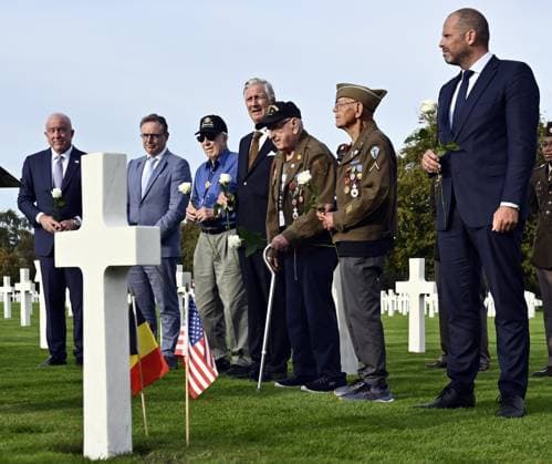 RECORD DATE NOT STATED US ambassador to Belgium Bill White; Prime Minister Bart De Wever; King Philippe - Filip of Belgium and Minister of Defence and Foreign Trade Theo Francken pictured during a royal visit to the World War II Commemoration at the American Military Cemetery in Henri-Chapelle, Plombieres, on Friday 2 October 2026. The ceremony pays tribute to the American veterans in attendance and to their fallen comrades-in-arms. It features testimonials, musical performances, and prayers, as well as a wreath-laying ceremony, a salute, and a flyover by U.S. aircraft.  ERICxLALMAND 188556005