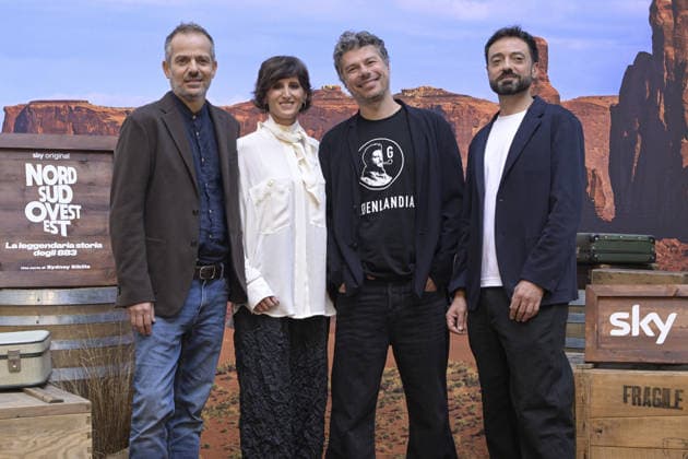 Photo by Mario Romano, IPP Milan, October 2, 2026. Photocall for the TV series *Nord Sud Ovest Est: The Legendary Story of the 883*, Season 2. Pictured: Simone Godano, Alice Filippi, Sidney Sibilia, and Alessio Lauria. Italy Photo Press World. Copyright. Photocall for the TV series *Nord*