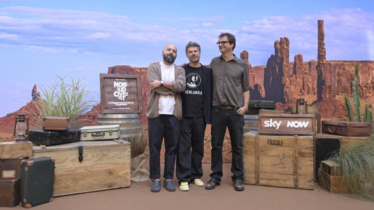 Photo by Mario Romano, IPP Milan, October 2, 2026. Photocall for the TV series *North, South, West, East: The Legendary Story of the 883*, Season 2. Pictured: Sidney Sibilia and Marco Pettenello. Italy Photo Press World. Copyright. Photocall for the TV series *North*