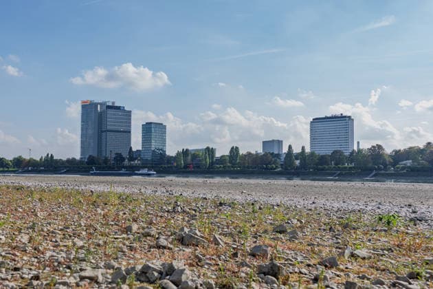 Low Water Levels on the Rhine in Bonn: View from the Beuel Bank, Oct. 2, 2026. View from the Beuel bank of the Rhine toward the riverbed in Bonn, which is largely exposed due to the ongoing low water levels. Navigation is restricted; the water le Copyright: xMarcxJohnx