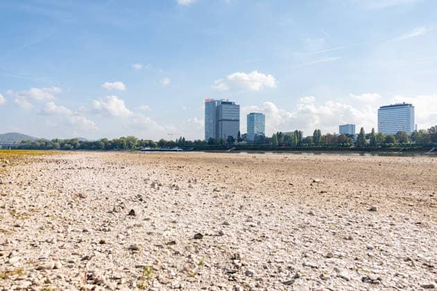 Low Water Levels on the Rhine in Bonn: View from the Beuel Riverbank, October 2, 2026. View from the Beuel riverbank of the Rhine’s riverbed in Bonn, which is largely exposed due to the ongoing low water levels. Navigation is restricted; the wate Copyright: xMarcxJohnx