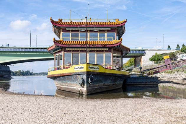 Low Water Levels on the Rhine in Bonn: The China Ship at the Kennedy Bridge, October 2, 2026. View of the Kennedy Bridge in Bonn. Due to the ongoing low water levels, the so-called China Ship —the restaurant ship Ocean Paradise, which has been closed since 2023—is is almost high and dry. Na Copyright: xMarcxJohnx