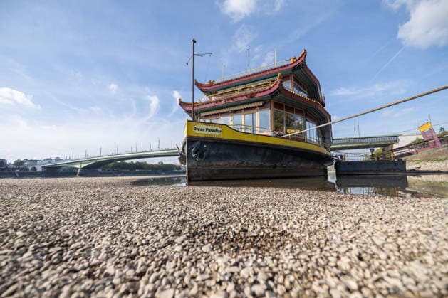Low Water Levels on the Rhine in Bonn: The China Ship at the Kennedy Bridge, October 2, 2026; View of the Kennedy Bridge in Bonn. Due to the ongoing low water levels, the so-called China Ship —the restaurant ship Ocean Paradise, which has been closed since 2023—is is almost high and dry. Na Copyright: xMarcxJohnx