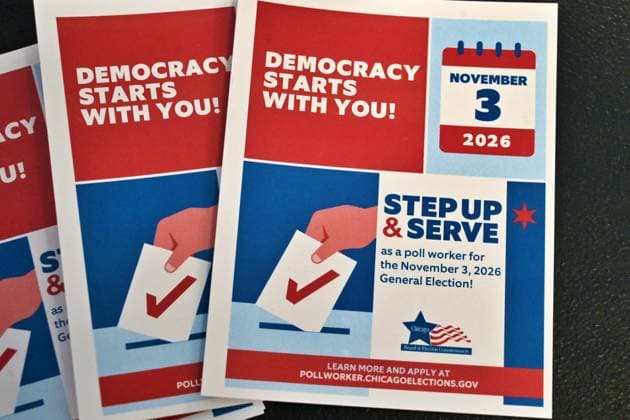 Early voting begins in Chicago ahead of November 3 General Election CHICAGO, ILLINOIS – OCTOBER 2, 2026: Information flyers encouraging Chicago residents to serve as poll workers for the November 3, 2026 General Election are seen at the Chicago Voter Supersite at 137 S. State St. in downtown Chicago, Illinois, on October 2, 2026. The Supersite opened October 1 for early voting and voter registration ahead of election day. Jacek Boczarski Anadolu Illinois United States. Editorial use only. Please get in touch for any other usage.  Copyright: x2026xAnadoluxJacekxBoczarskix