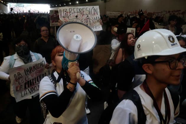 October 2, 2026, Mexico City, Cdmx, Mexico: Thousands of people carrying placards gathered at the Plaza de las Tres Culturas and the surrounding area to commemorate the 58th anniversary of the 1968 student massacre in Tlatelolco; they marched toward Mexico City s ZoÂ³calo to hold a rally in memory of those who died during the 1968 student movement. Prior to this, hundreds of students arrived at the meeting point near the Tlatelolco Metro station, where a heavy police deployment from the Secretariat of Citizen Security (SSCCDMX) was already waiting for them; these hooded officers on motorcycles boxed the students in, both inside and outside the metro facilities, to prevent their peaceful movement, sparking conflict through abuses of authori - ZUMAp204 20261002_zip_p204_103 Copyright: xJosuexPerezx