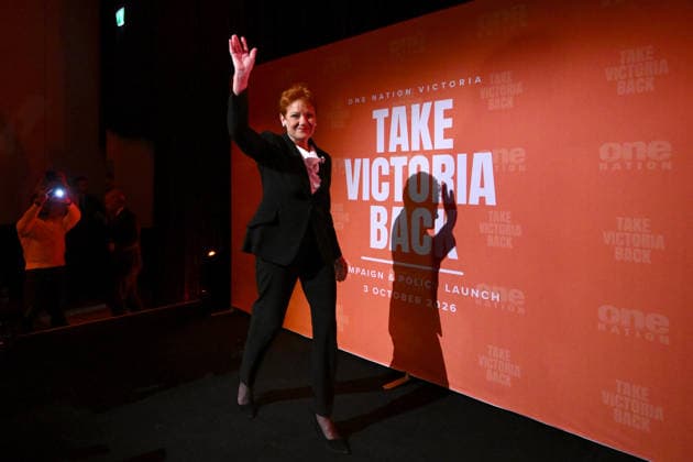 ONE NATION CAMPAIGN LAUNCH, One Nation leader Pauline Hanson arrives to speak during the launch of the One Nation 2026 Victorian State Campaign at in Melbourne, Saturday, October 3, 2026. ( NO ARCHIVING MELBOURNE VICTORIA Australia  Copyright: xJOELxCARRETTx 20261003139912752324