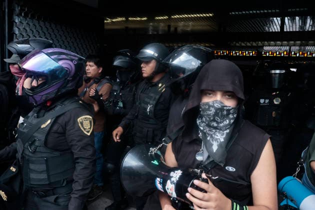 October 2, 2026, Mexico City, Cdmx, Mexico: Thousands of people carrying placards gathered at the Plaza de las Tres Culturas and the surrounding area to commemorate the 58th anniversary of the 1968 student massacre in Tlatelolco; they marched toward Mexico City s ZoÂ³calo to hold a rally in memory of those who died during the 1968 student movement. Prior to this, hundreds of students arrived at the meeting point near the Tlatelolco Metro station, where a heavy police deployment from the Secretariat of Citizen Security (SSCCDMX) was already waiting for them; these hooded officers on motorcycles boxed the students in, both inside and outside the metro facilities, to prevent their peaceful movement, sparking conflict through abuses of authori - ZUMAp204 20261002_zip_p204_042 Copyright: xJosuexPerezx