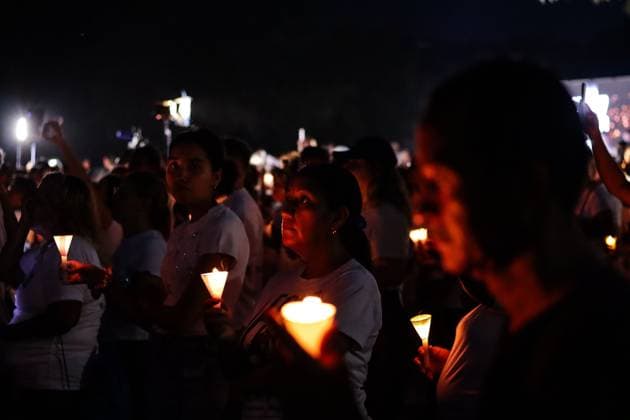 October 2, 2026, La Guaira, Venezuela (Bolivarian Republic of: LA GUAIRA, VENEZUELA, OCTOBER 2, 2026: Families of victims, survivors and rescue workers gather during the Haz de Luz vigil in La Guaira to commemorate 100 days since the devastating earthquakes of June 24. Participants lit candles and joined prayers in memory of those killed and missing, while beams of light were projected into the sky near areas heavily damaged by the disaster. The commemorative event brought together residents, volunteers and emergency workers as recovery and search efforts continue in parts of La Guaira. La Guaira Venezuela (Bolivarian Republic of - ZUMAq101 20261002_zna_q101_318 Copyright: xMarioxFloresx