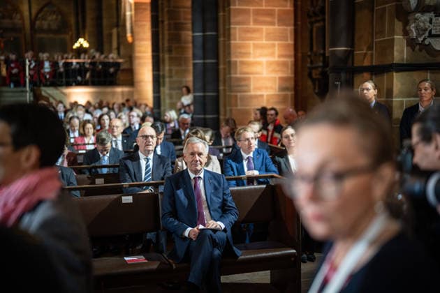 Ecumenical service at St. Petri Cathedral; Christian Wulff, former Federal President, in the front row, behind him (from left) Dietmar Woidke, Minister-President of Brandenburg, and Daniel Günther, Minister-President of Schleswig-Holstein; official central celebrations for German Unity Day 2026 in Bremen, Bremen, Germany, downtown