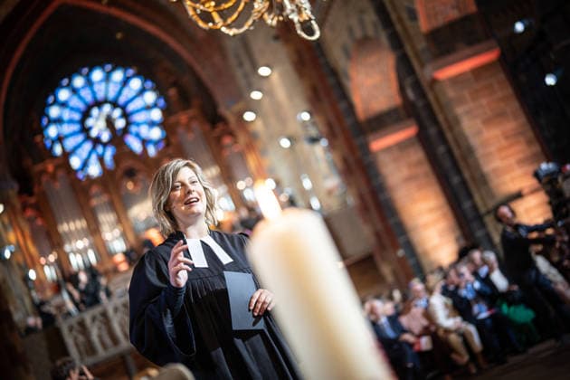 Ecumenical service at St. Petri Cathedral; Nina Kleinsorge, pastor, leads the service; Official central celebrations for German Unity Day 2026 in Bremen, Bremen, Germany, downtown