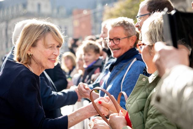 Celebrations for German Unity Day 2026 in Bremen: Buedenbender, wife of the Federal President, joyfully greets citizens and visitors at the October 3, 2026, celebration following the ecumenical service at St. Petri Cathedral, Bremen, October 3, 2026, Bremen, Bremen, Germany