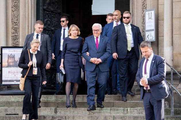 German Unity Day 2026 Celebrations in Bremen: Federal President Frank Walter Steinmeier and his wife, Elke Buedenbender, leaving St. Petri Cathedral after the ecumenical service marking German Unity Day 2026 in Bremen, Bremen, October 3, 2026, Bremen, Bremen, Germany