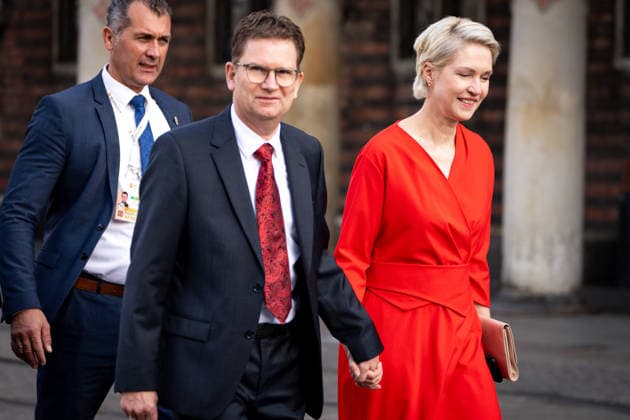 Celebrations for German Unity Day 2026 in Bremen: Manuela Schwesig (SPD), Minister-President of Mecklenburg-Western Pomerania, holding hands with her husband, Stefan Schwesig, on their way to a church service as part of the celebrations for German Unity Day 2026, Bremen, October 3, 2026, Bremen, Germany