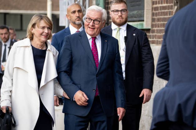 Celebrations for German Unity Day 2026 in Bremen: Federal President Frank Walter Steinmeier, looking delighted, with his wife Elke Buedenbender upon their arrival at the celebrations for German Unity Day 2026 in Bremen, Bremen, October 3, 2026, Bremen, Germany