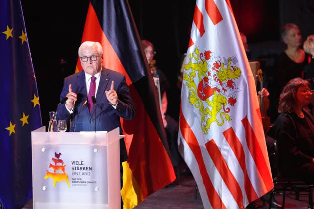 German Unity Day Ceremony in Bremen: A portrait of Federal President Frank Walter Steinmeier, with a solemn gesture and expression, during his speech at the German Unity Day ceremony at the Glocke, Bremen, October 3, 2026, Bremen, Germany