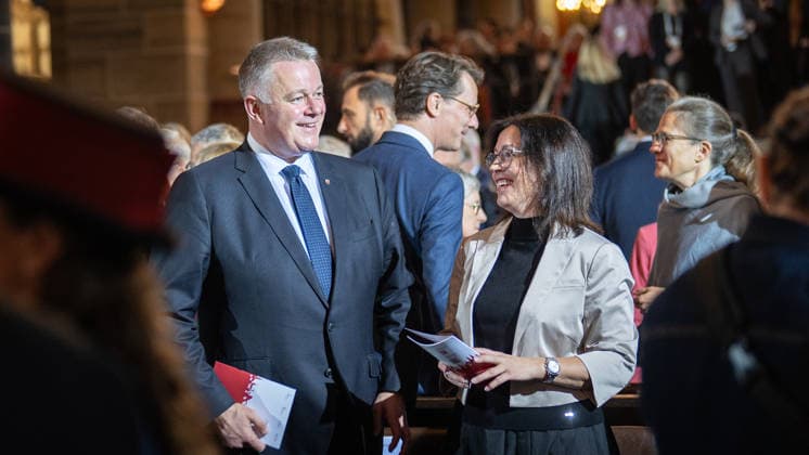 Ecumenical service at St. Petri Cathedral; Gordon Schnieder, Minister-President of Rhineland-Palatinate, with his wife Diane Schnieder; Official central celebrations for German Unity Day 2026 in Bremen, Bremen, Germany; Downtown Bremen