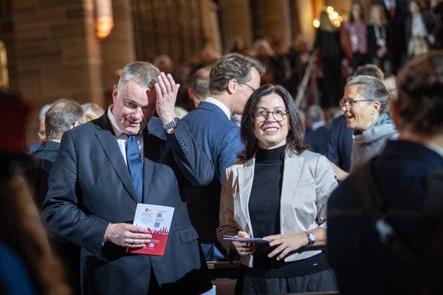 Ecumenical service at St. Petri Cathedral; Gordon Schnieder, Minister-President of Rhineland-Palatinate, with his wife Diane Schnieder; Official central celebrations for German Unity Day 2026 in Bremen, Bremen, Germany; Downtown Bremen