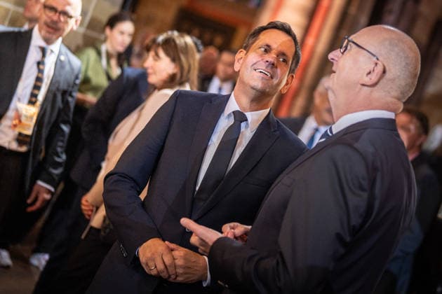 Ecumenical service at St. Petri Cathedral: Olaf Lies, Minister-President of Lower Saxony, with Dietmar Woidke, Minister-President of Brandenburg (from left). Official central celebrations for German Unity Day 2026 in Bremen, Bremen, Germany, downtown
