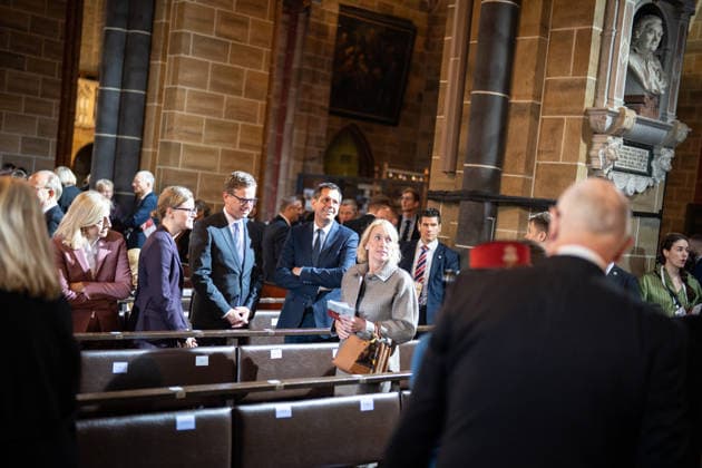 Ecumenical service at St. Petri Cathedral: Mira Schlüter, office manager; Carsten Linnemann, Federal Minister of Health; and Olaf Lies, Minister-President of Lower Saxony—from left, facing the camera. Official central celebrations for German Unity Day 2026 in Bremen, Bremen, Germany, downtown