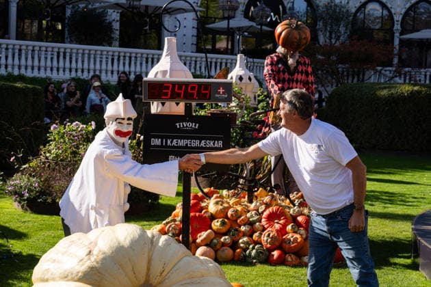 Danish Giant Pumpkin Championship Results Announced: Ole Christensen from Skanderborg with his pumpkin weighing 349.4 kg at the Danish Giant Pumpkin Championship in Tivoli, Copenhagen, on Saturday, October 3, 2026. Photo by Emil Nicolai Helms, Scanpix 2026, Copenhagen, Denmark  Copyright: EmilxNicolaixHelmsx spdk20261003-132724-L
