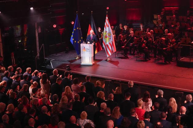 German Unity Day Ceremony in Bremen: Standing Ovations for Federal President Frank Walter Steinmeier Following His Speech at the German Unity Day Ceremony at Die Glocke, Bremen, October 3, 2026, Bremen, Germany