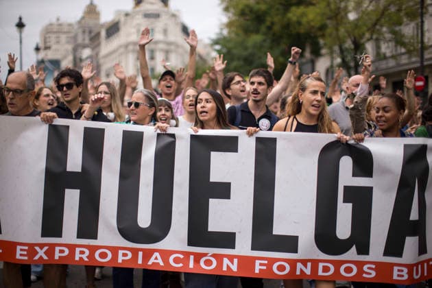 October 3, 2026, Madrid, Madrid, Spain: Protesters hold a banner and chant during a demonstration through the streets of Madrid demanding a reduction in housing rents. The demonstration was organized by the Tenants Union, which also organized the encampment in Puerta del Sol square in central Madrid. Madrid Spain - ZUMAs296 20261003_znp_s296_003 Copyright: xLuisxSotox