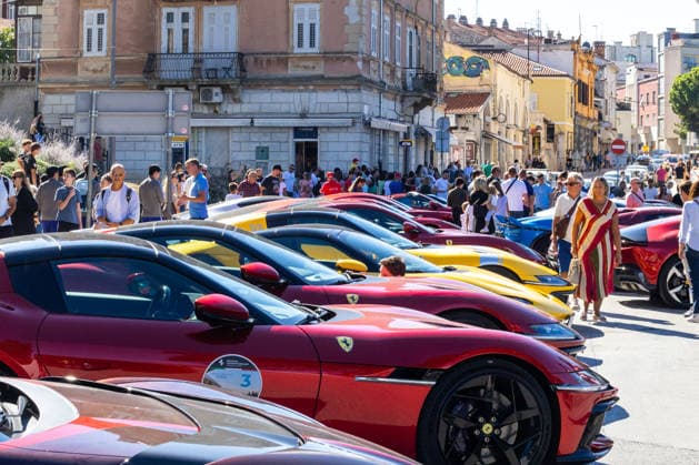 Ferrari Tour stops in Pula Luxury Ferrari sports cars taking part in a Ferrari Tour organized by Ineco Auto, are seen in front of the Roman Arena in Pula, Croatia, on October 3, 2026. While the drivers visit the ancient amphitheatre, local residents gather to watch and admire the vehicles.  SreckoxNiketic PIXSELL