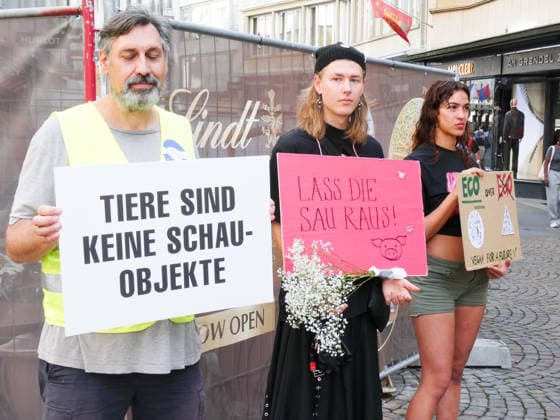 October 3, 2026, Lucerne, Switzerland: Protesters, animals, animal testing; photo: Demonstration and actions against animal testing and for animal welfare