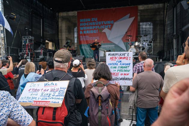 October 3, 2026, Berlin, Berlin, Germany: Thousands of people of all ages, including many school-age teenagers, marched through BerlinÃ¢â‚¬â ¢s Mitte district to protest mandatory military service, cuts to social services and increased spending on the arms industry. Berlin Germany  - ZUMAk201 20261003_zip_k201_001 Copyright: xNikosxKanistrasx
