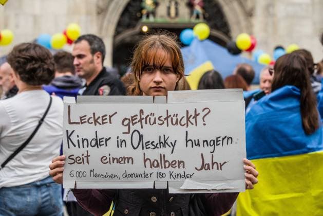 October 3, 2026, Munich, Bavaria, Germany: Coinciding with the Tag der Deutschen Einheit (Day of German Unity), Ukrainians in Munich, Germany not only celebrated the reunification of East and West Germany, they celebrated Ukrainian unity and made pleas to the world to avoid a humanitarian catastrophe and famine in Oleshky, a city in UkraineÃ¢â‚¬â ¢s Kherson region where some 6,000 civilians (with 200 children) are currently under complete isolation via a Russian blockade. Munich Germany  - ZUMAb160 20261003_abp_b160_003 Copyright: xSachellexBabbarx