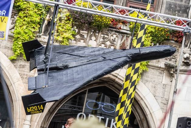 October 3, 2026, Munich, Bavaria, Germany: Thew Ukrainian community of Munich, Germany put a full-size replica of a Shahed drone on display so Germany could see what Ukrainian civilians face daily. Coinciding with the Tag der Deutschen Einheit (Day of German Unity), Ukrainians in Munich, Germany not only celebrated the reunification of East and West Germany, they celebrated Ukrainian unity and made pleas to the world to avoid a humanitarian catastrophe and famine in Oleshky, a city in Ukraineâ€⠢s Kherson region where some 6,000 civilians (with 200 children) are currently under complete isolation via a Russian blockade. Munich Germany - ZUMAb160 20261003_abp_b160_007 Copyright: xSachellexBabbarx