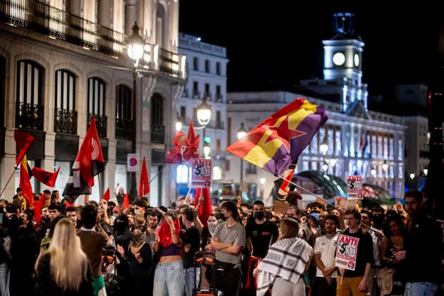 Protest Rally Against the Sol Camp in Madrid A group of people is demonstrating against the rally organized by Núcleo Nacional at Puerta del Sol on October 3, 2026, in Madrid, Spain. The platform Indignados por Espana is organizing the demonstration against the Sol encampment, in support of social and national housing, mass deportations, and the defense of national sovereignty following the invasion of Ceuta. OCTOBER 3, 2026. NUCLEO NACIONAL. PROTEST. HOUSING. FLAG. HOODED PROTESTERS. POLICE. ANTIFASCIST ACTION. ANTIFASCISTS. ON FOOT IN MADRID Madrid, Spain  Copyright: xA.xPÃ rezxMecax 7818917