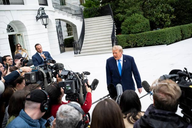 October 3, 2026, Washington, District Of Columbia, USA: United States President Donald J Trump speaks to members of the media before boarding Marine One on the South Lawn of the White House, in Washington, DC, USA, 3 October 2026. President Trump is traveling to Ohio for a rally as he campaigns with Republican Party candidates before midterm elections Washington USA  - ZUMAs152 20261003_faa_s152_016 Copyright: xGraemexSloan-PoolxviaxCNPx