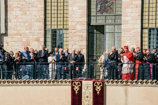 IPA89293516 - ASSISI - October 4, 2026 - Basilica of St. Francis - celebration of the feast day of St. Francis, patron saint of Italy, with the participation of President of the Republic Sergio Mattarella. After Holy Mass, a speech from the loggia. The President™s arrival was met with applause from political and religious authorities.  Copyright: xemanuelaxbianconix xx IPA89293516