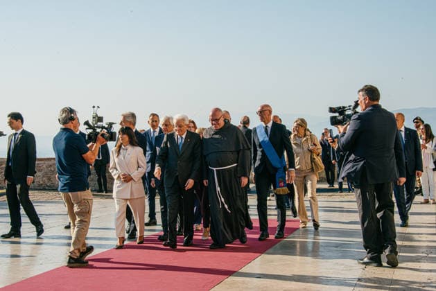 IPA89293583 - ASSISI October 4, 2026 Basilica of St. Francis celebration of the feast day of St. Francis, patron saint of Italy, attended by President of the Republic Sergio Mattarella. Upon his arrival in the churchyard of the basilica, he was greeted by Father Marco Moroni, the Custodian.  Copyright: xemanuelaxbianconix xx IPA89293583