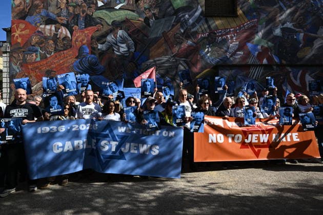 October 4, 2026, London, London, UK: London, UK. Demonstrators representing the Jewish Block take part in a march and rally to mark the 90th anniversary of The Battle of Cable Street in the East End of London. All over the country in 1936, Mosley s British Union of Fascists were chased off the streets by a strong working class who knew that the politics of hate and division offers no solutions. The Battle of Cable Street on 4 October 1936 was by far the countryÃ¢â‚¬â ¢s biggest mobilisation against fascism. London UK  - ZUMAl94_ 20261004_zaf_l94_050 Copyright: xRayxTangx