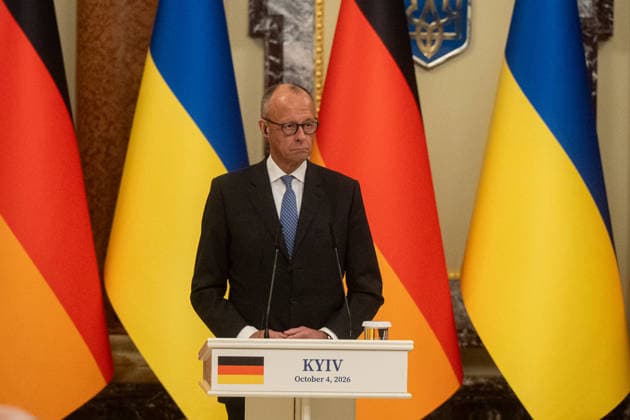 Ukraine Volodymyr Zelenskyi - German Chancellor Friedrich Merz meeting in Kyiv KYIV, UKRAINE - OCTOBER 04: Chancellor of Germany Friedrich Merz attends a press conference after his meeting with the President of Ukraine Volodymyr Zelenskyi in Kyiv on October 4 2026. Danylo Antoniuk Anadolu Kyiv Ukraine. Editorial use only. Please get in touch for any other usage.  Copyright: x2026xAnadoluxDanyloxAntoniukx