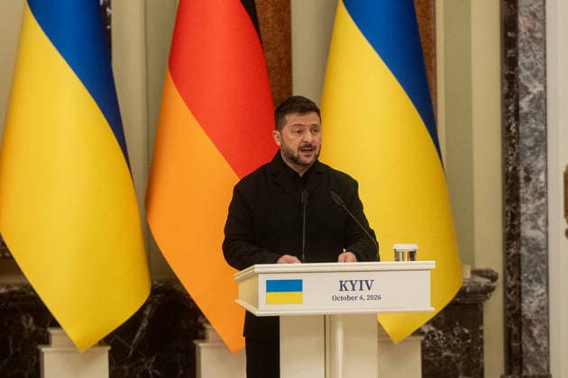 Ukraine Volodymyr Zelenskyi - German Chancellor Friedrich Merz meeting in Kyiv KYIV, UKRAINE - OCTOBER 04: President of Ukraine Volodymyr Zelenskyi attends a press conference after his meeting with Chancellor of Germany Friedrich Merz in Kyiv on October 4 2026. Danylo Antoniuk Anadolu Kyiv Ukraine. Editorial use only. Please get in touch for any other usage.  Copyright: x2026xAnadoluxDanyloxAntoniukx