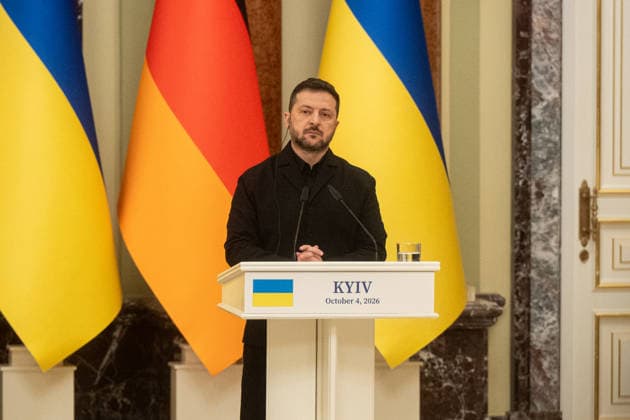Ukraine Volodymyr Zelenskyi - German Chancellor Friedrich Merz meeting in Kyiv KYIV, UKRAINE - OCTOBER 04: President of Ukraine Volodymyr Zelenskyi attends a press conference after his meeting with Chancellor of Germany Friedrich Merz in Kyiv on October 4 2026. Danylo Antoniuk Anadolu Kyiv Ukraine. Editorial use only. Please get in touch for any other usage.  Copyright: x2026xAnadoluxDanyloxAntoniukx