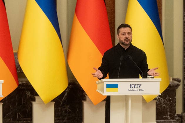 Ukraine Volodymyr Zelenskyi - German Chancellor Friedrich Merz meeting in Kyiv KYIV, UKRAINE - OCTOBER 04: President of Ukraine Volodymyr Zelenskyi attends a press conference after his meeting with Chancellor of Germany Friedrich Merz in Kyiv on October 4 2026. Danylo Antoniuk Anadolu Kyiv Ukraine. Editorial use only. Please get in touch for any other usage.  Copyright: x2026xAnadoluxDanyloxAntoniukx