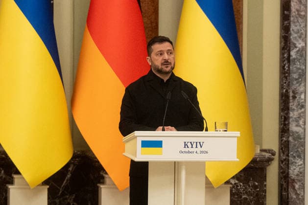 Ukraine Volodymyr Zelenskyi - German Chancellor Friedrich Merz meeting in Kyiv KYIV, UKRAINE - OCTOBER 04: President of Ukraine Volodymyr Zelenskyi attends a press conference after his meeting with Chancellor of Germany Friedrich Merz in Kyiv on October 4 2026. Danylo Antoniuk Anadolu Kyiv Ukraine. Editorial use only. Please get in touch for any other usage.  Copyright: x2026xAnadoluxDanyloxAntoniukx