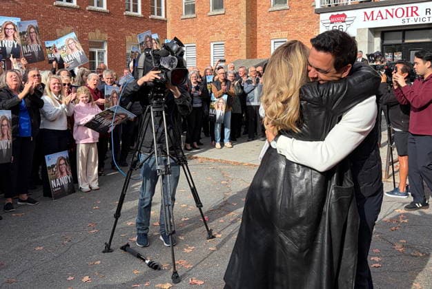 October 4, 2026, St-Victor, Pq, CANADA: Quebec Liberal Party leader Charles Milliard embraces his candidate in Beauce-Nord, Nancy LabbÃ , in St-Victor on Sunday Oct. 4, 2026. St-Victor CANADA  - ZUMAc35_ 20261004_zaf_c35_002 Copyright: xCarolinexPlantex