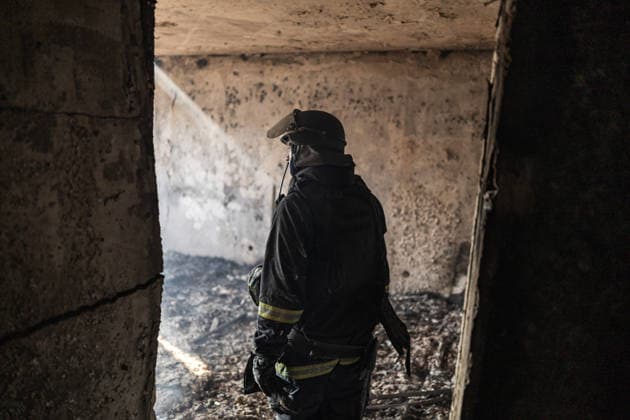 Aftermath of Russian attack on Ukraine s Kramatorsk KRAMATORSK, UKRAINE - OCTOBER 4: A Ukrainian firefighter inspects a burnt-out flat in a building that has been burnt and damaged following several Russian attacks on a residential area in Kramatorsk, Ukraine, 4 October 2026 Diego Herrera Carcedo Anadolu Kramatorsk Ukraine. Editorial use only. Please get in touch for any other usage.  Copyright: x2026xAnadoluxDiegoxHerreraxCarcedox