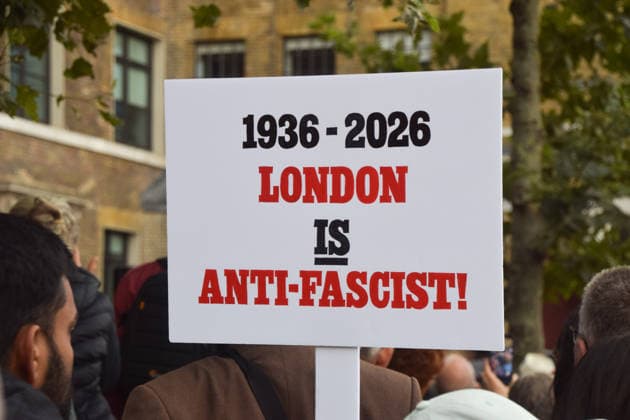October 4, 2026, London, England, United Kingdom: Protesters gather in Whitechapel during the march to Cable Street against racism and fascism, marking the 90th anniversary since the Battle of Cable Street. London United Kingdom  - ZUMAv130 20261004_zip_v130_001 Copyright: xVukxValcicx